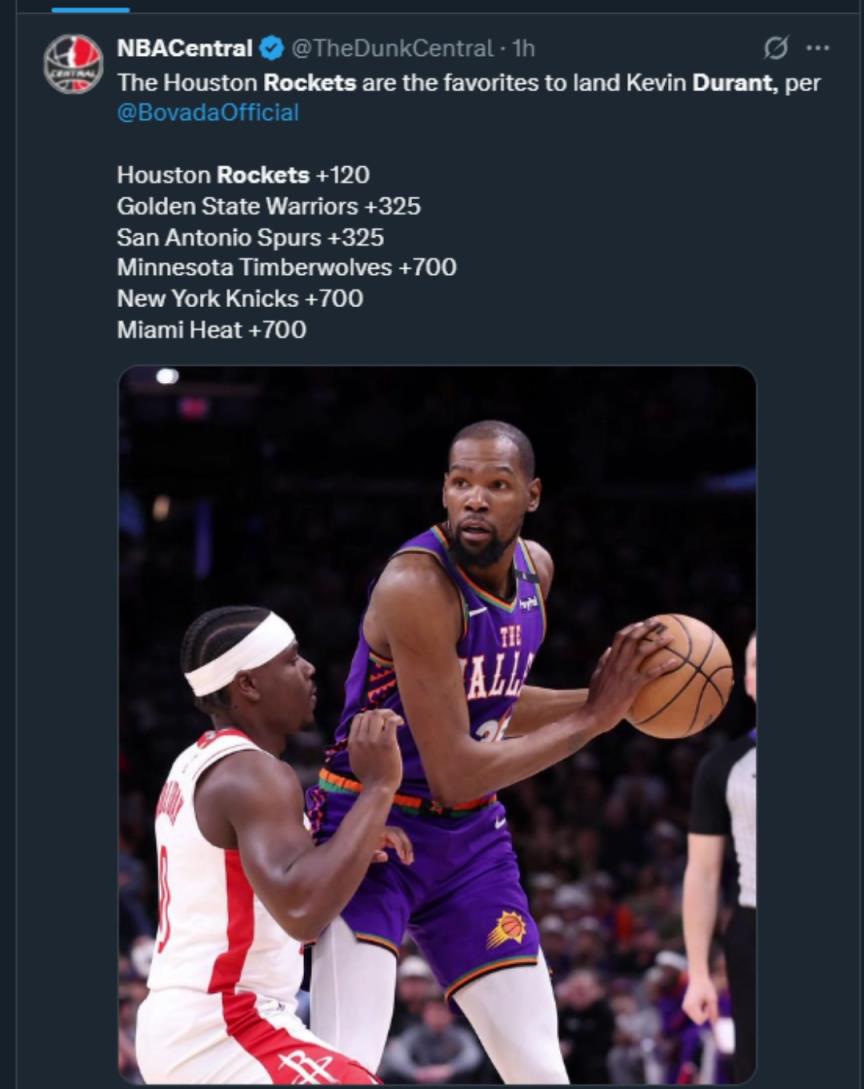 難道說？美媒曬杜蘭特下家賠率，火箭大幅度領(lǐng)跑！